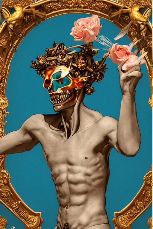 Image similar to a young handsome Spanish metal android with a large glowing battery in the center of his chest in a full-body bronze cyberpunk style statue of Icarus with glowing blue eyes, crown of peach roses, flowing teal-colored silk, fabric, flowers. baroque elements, human skull. full-length view. baroque element. intricate artwork by caravaggio. many many birds birds on background. Trending on artstation, octane render, cinematic lighting from the right, hyper realism, octane render, 8k, depth of field, 3D