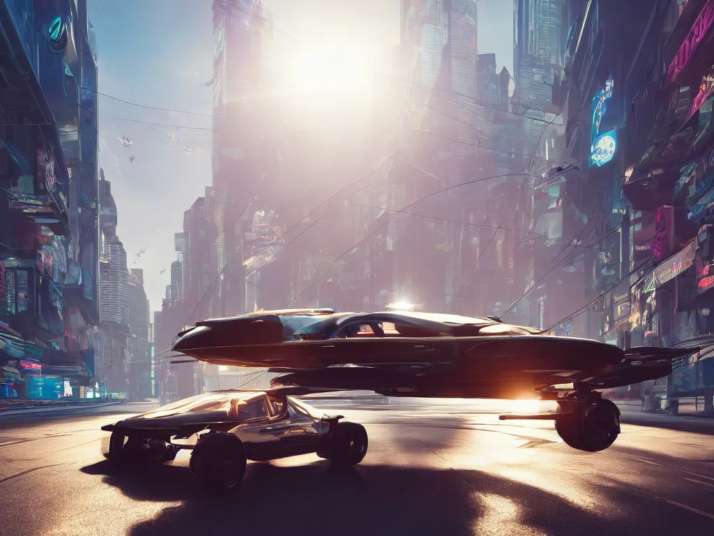 Image similar to photorealistic Flying Cars on cyberpunk roads. daylight. sunlight. lens flare. light fixtures. 8K. detailed. photorealism. artstation. 25mm f/1.7 ASPH Lens. ultra realistic