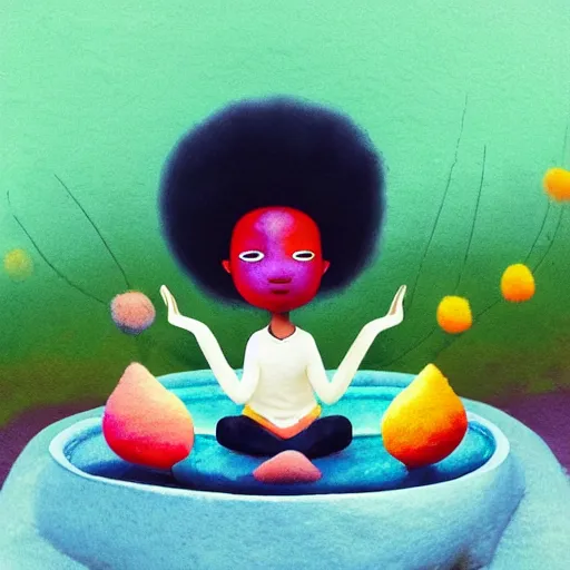 Prompt: a black girl with a colorful afro and big colorful eyes meditating in a zen garden at sunset, bright colours, bokeh!!, watercolor, volumetric wool felting, macro photography, children illustration, by goro fujita