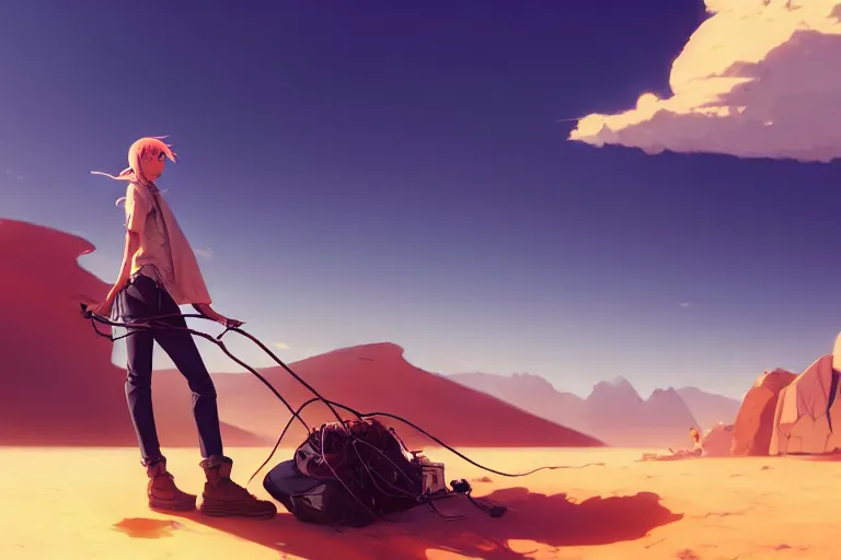 Image similar to computer programmer lost in the desert, dragging a broken computer, single subject, mountaineous background, scenic full shot, ambient lighting, detailed face, by makoto shinkai, stanley artgerm lau, wlop, rossdraws