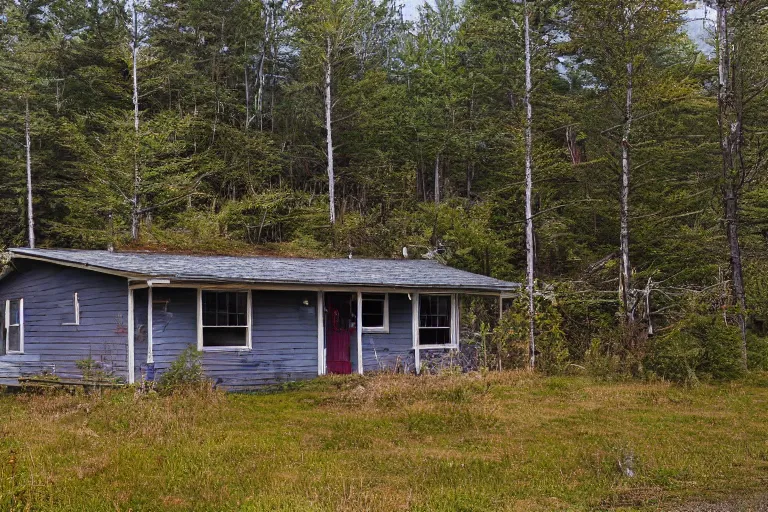 Prompt: a solitary 1 9 6 0 s bungalow style cottage [ heavily damaged with age ] on raven lake, near the outskirts of halifax, ns. hd photography, realistic, inspired by gregory crewdson.