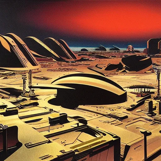 Prompt: martian city, otherwordly, by syd mead