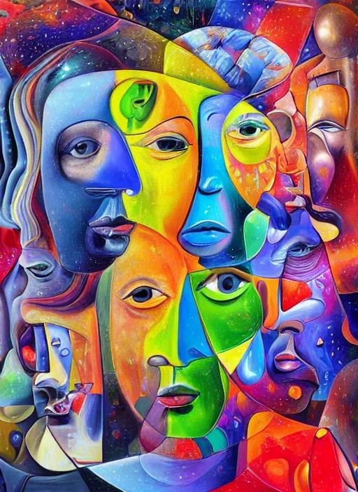 Prompt: an extremely high quality hd detailed ultra-realistic photorealistic surrealism render of neon cast glass facial cubism figures melting into a warm picasso galaxy landscape by dali and zaha hadid, vivid colors, complimentary colors, melting sun, melting 4d cubes, hallway landscape, 8k, hd, high quality, high contrast