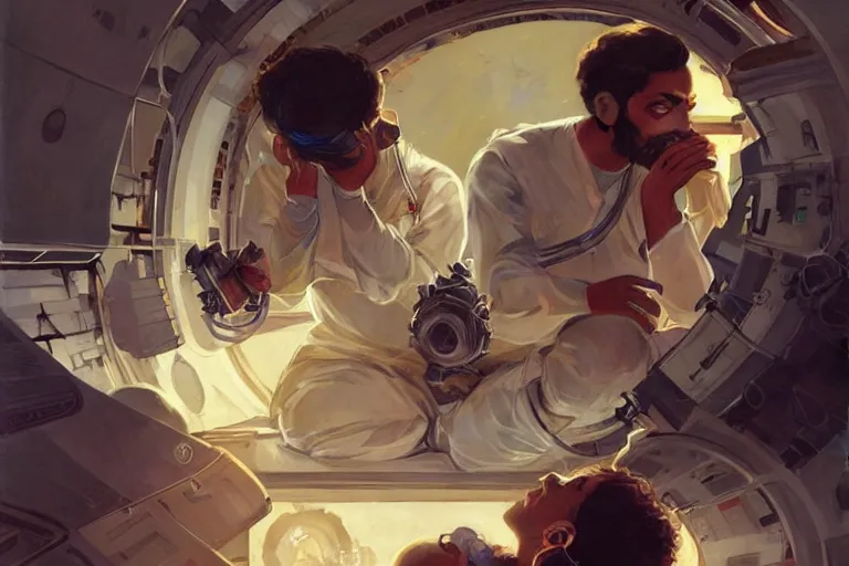 Image similar to Exhausted good looking pale young Indian doctors wearing jeans in a space station above Earth performing surgery, portrait, elegant, intricate, retrofuturistic digital painting, artstation, concept art, smooth, sharp focus, illustration, art by artgerm and greg rutkowski and alphonse mucha