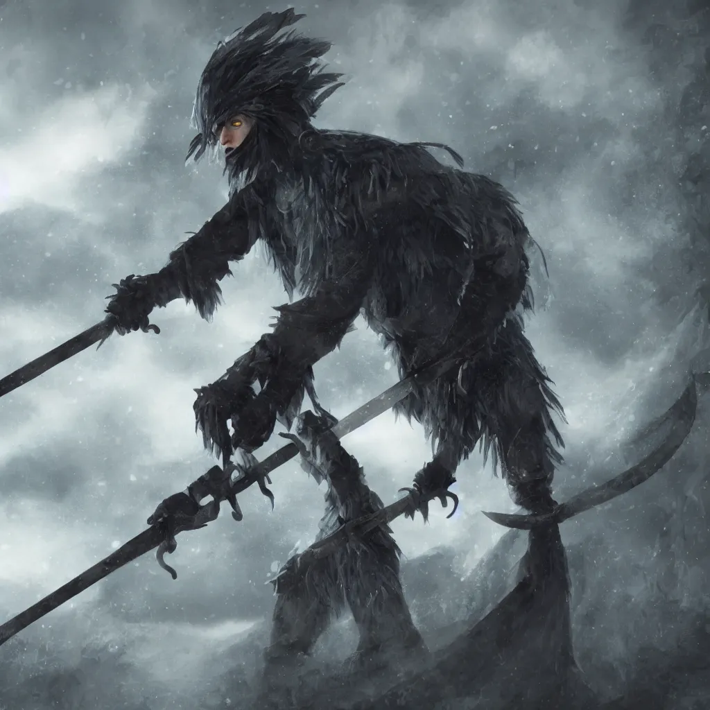 Prompt: A Grey haired caucasian elf, with a long scythe. Dressed in crow feathers, fantasy 8k wallpaper