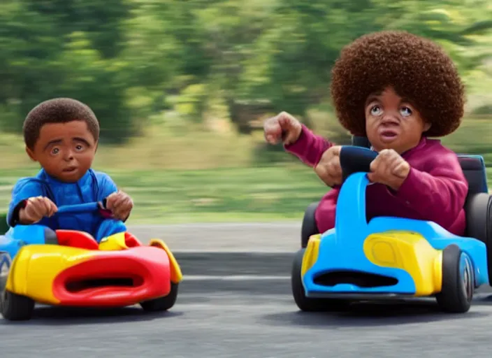 Image similar to peter dinklage racing emmanuel lewis driving a little tikes cars, movie still, from the new fast and furious movie, 8 k, realistic