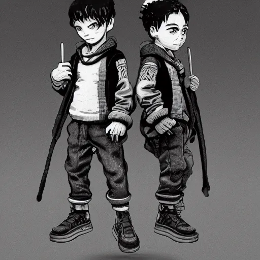 Image similar to rpg character concept art, twin brothers being cute and gangsta, intricate detail, in the style of jamie hewlett kawase hasui riyoko ikeda, 3 d render, artstation trending, 8 k, octane render, photorealistic, sharp detail, manga, black and white