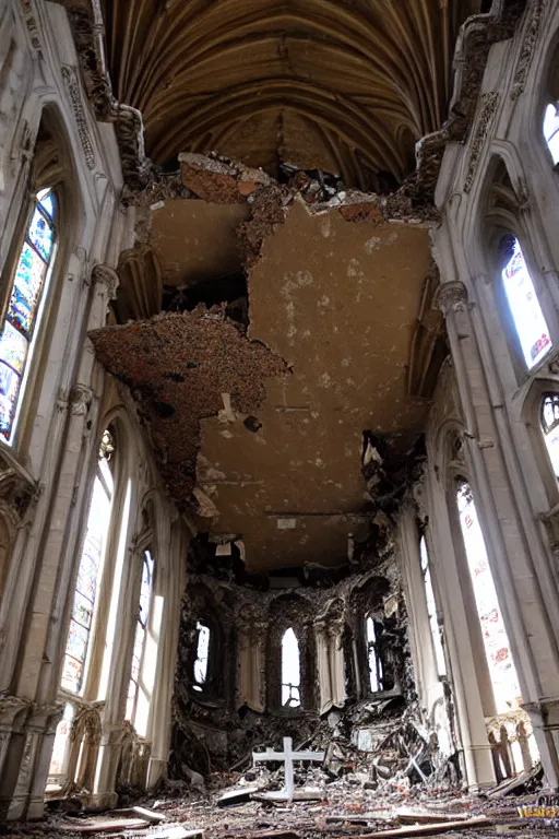 Prompt: photo inside a destroyed cathedral, ornate