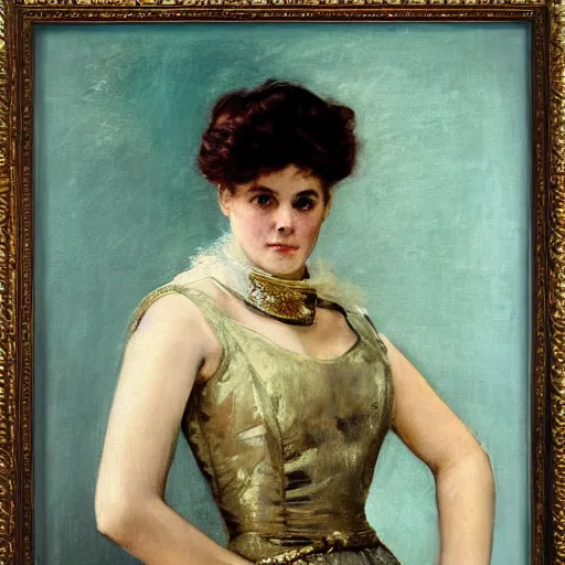 Image similar to portrait of action heroine by alfred stevens