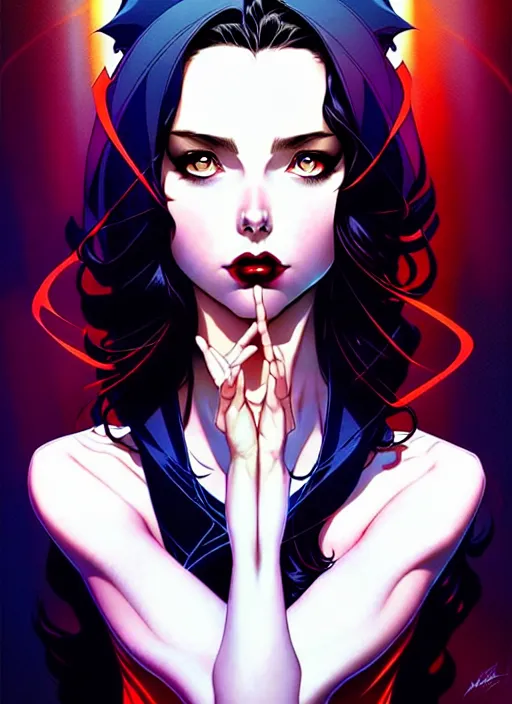 Image similar to artgerm, joshua middleton comic cover art, pretty kacey rohl vampire, symmetrical eyes, symmetrical face, long curly black hair, dark castle background background, cinematic lighting