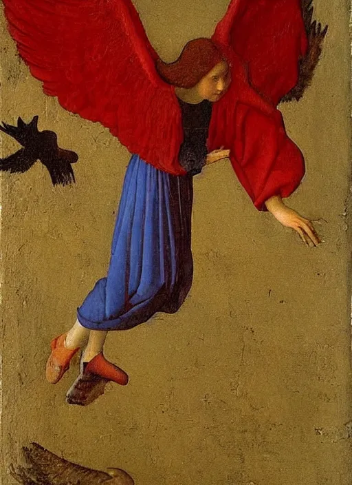 Image similar to Flying Fallen Angel with wings dressed in red, Medieval painting by Jan van Eyck, Johannes Vermeer, Florence