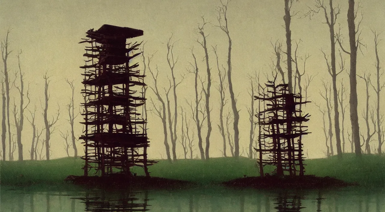 Image similar to single flooded simple wooden birch tower, very coherent and colorful high contrast!! masterpiece by rene magritte simon stalenhag carl spitzweg syd mead norman rockwell edward hopper james gilleard, minimalist, dark shadows, sunny day, hard lighting