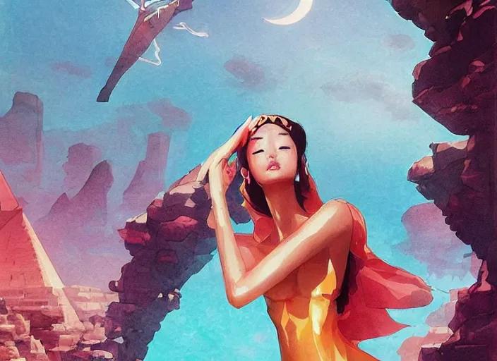 Image similar to lee jin - eun in luxurious dress emerging from turquoise water in egyptian pyramid city during an eclipse by peter andrew jones and conrad roset, rule of thirds, elegant look, beautiful, chic, face anatomy, cute complexion