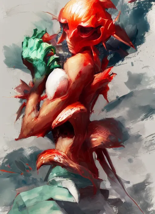 Image similar to semi reallistic gouache gesture painting, by yoshitaka amano, by ruan jia, by Conrad roset, by dofus online artists, detailed anime 3d render watermelon monster, watermelon terrible monster, antrophomorfic watermelon, portrait, cgsociety, artstation, rococo mechanical, Digital reality, sf5 ink style, dieselpunk atmosphere, gesture drawn