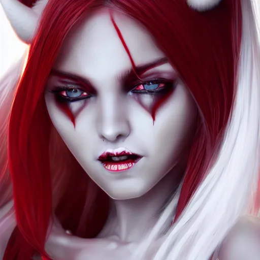 Prompt: a highly detailed portrait of a humanoid demon girl with white hair, red horns, in white clothes, red eyes, artstation, deviantart, professional, unreal engine 5, photorealistic