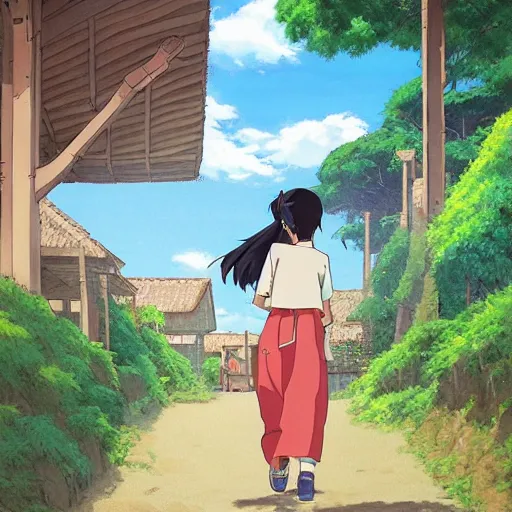 Image similar to an anime painting of a girl waking in a Japanese village, short buildings and paddy fields, by Studio Ghibli, trending on artstation
