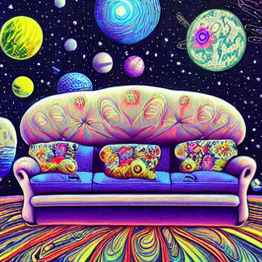 Image similar to psychedelic trippy couch in space, planets, plants, flowers, mushrooms milky way, sofa, cartoon by rob gonsalves