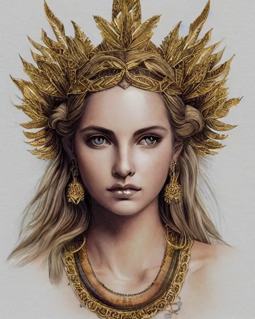 Prompt: front view of beautiful aphrodite greek goddess wearing a gold laurel wreath and triangle earrings, realism tattoo sketch, beautiful piercing eyes with sharp pupils, beautiful blonde hair, in the style of greg rutkowski, fantasy, amazing detail, epic, elegant, smooth, sharp focus, super model