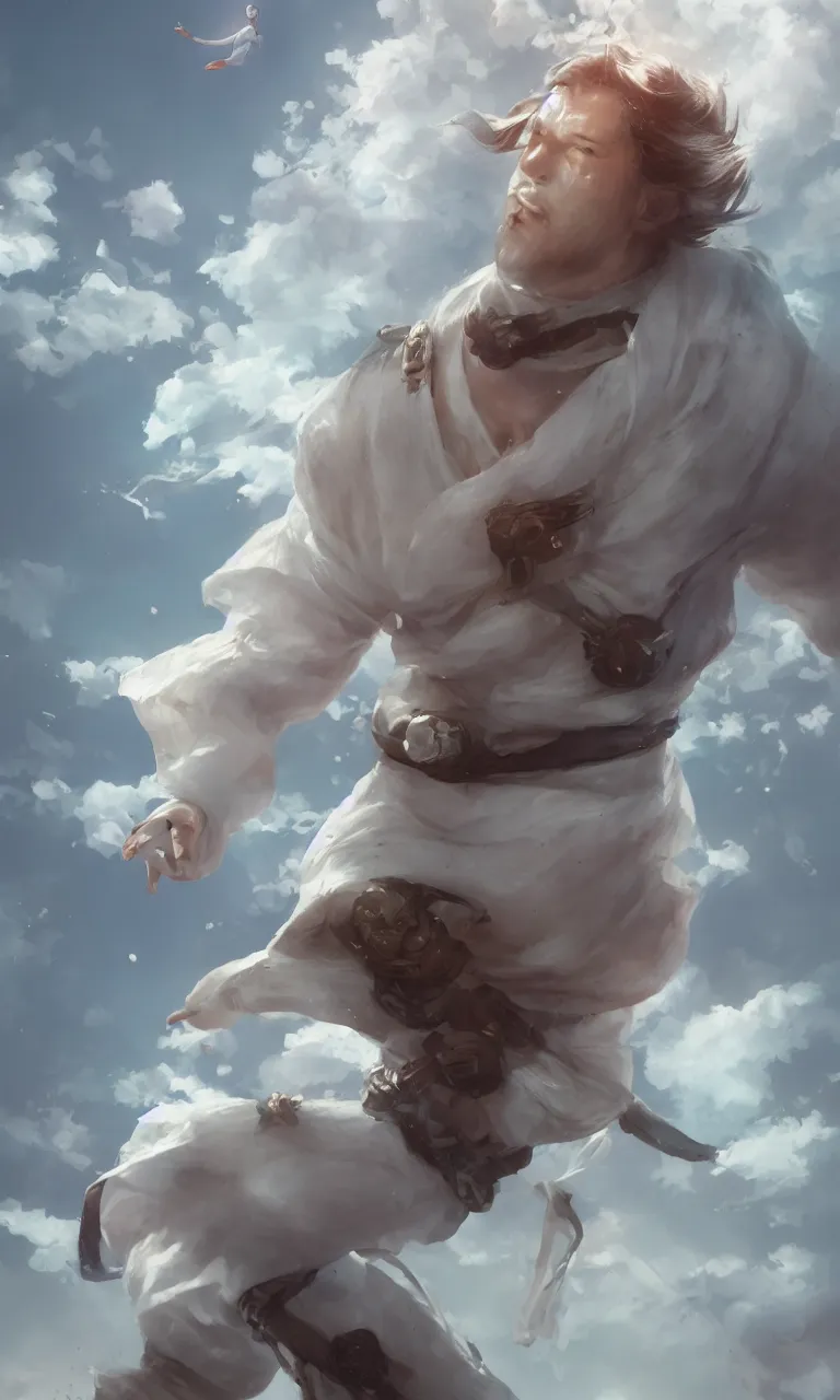 Prompt: a white dressed samurai, diving in the air rounded by jelly clouds made by Stanley Artgerm Lau, WLOP, Rossdraws, ArtStation, CGSociety, concept art, cgsociety, octane render, trending on artstation, artstationHD, artstationHQ, unreal engine, 4k, 8k