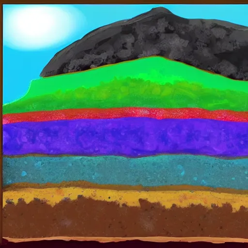 Prompt: a side profile of earth soil and rock layers, with hidden bones, gems and treasures, digital painting