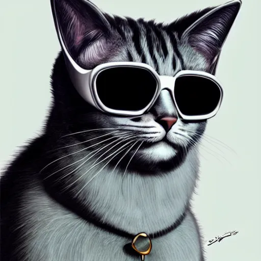 Prompt: Portrait of a cat wearing sunglasses and a cap, digital painting, highly detailed, fantasy, artstation, concept art, smooth, sharp focus, illustration