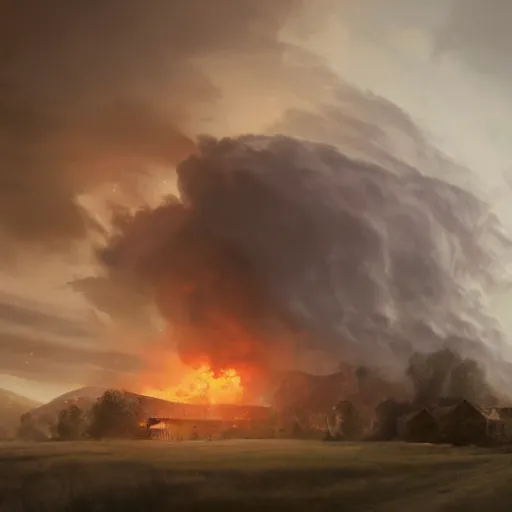 Prompt: an epic view of a smoke tornado destroying a farmhouse, twister, dust devils, flying particles, concept art, by jean duplessis - bertaux and greg rutkowski, trending on artstation