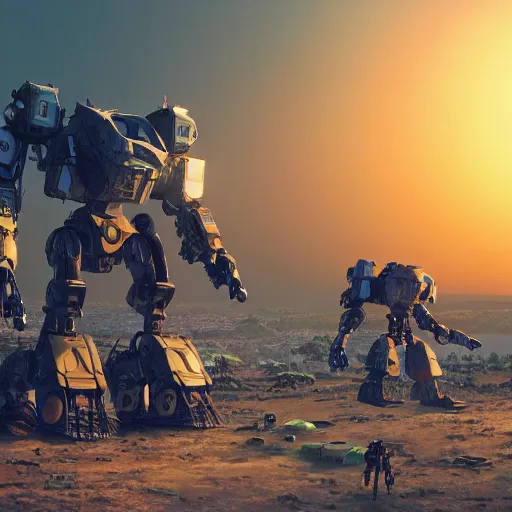 Image similar to Realistic giant mechwarrior robot and the sunset in the distance, by Josan Gonzalez and Geof Darrow, highly detailed, Unreal Engine Render, 3D, 8k wallpaper