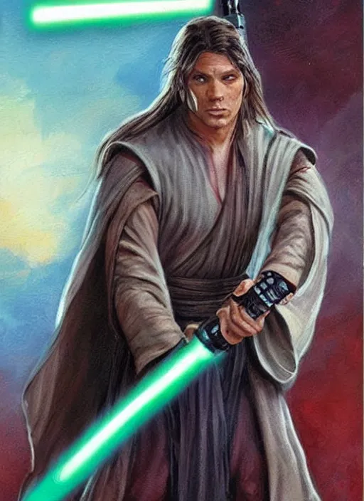 Prompt: exar kun, jedi from star wars legends books, star wars portrait detailed and realistic art, white masculine man with long dark hair attached in a ponytail, double blade blue lightsaber!!