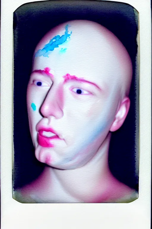 Image similar to watercolor, a liquid white clay porcelain portrait of a face melt down flow go runny, body painted with white thick fluid, realistic detailed watercolor polaroid, grainy image, contrast