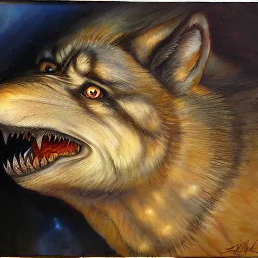 Image similar to detailed portrait of wolf fish hybrid if his parents lived intricate, hyper detailed, realistic, oil painting, by julie bell, frank frazetta, cinematic lighting