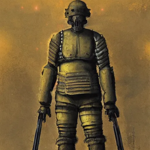Prompt: painting of exhausted brutalist simian japanese aztec samurai wearing power armor shoulders in concrete bunker lit by emergency lights, socialist realist science fiction concept art of soldier by rembrandt, greg rutkowski, beksinski, carvaggio, and kahlo