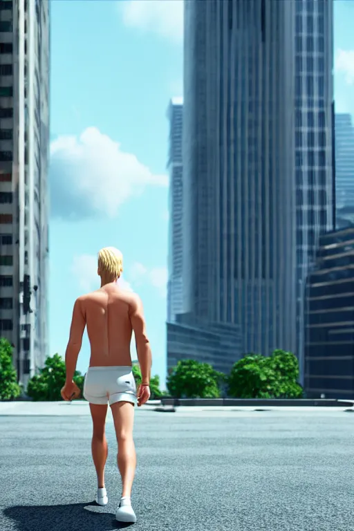 Prompt: blond man larger than skyscrapers wearing white shorts shirtless walks around the city, ground view, highly detailed, digital art, sharp focus, super realistic, octane render