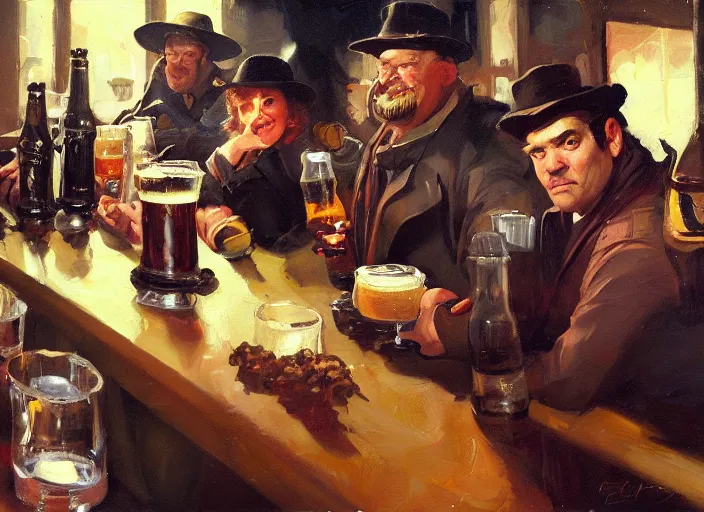 Image similar to greg manchess still - life painting of a delicious mug of beer in an orcish dieselpunk bar, close - up, organic painting, matte painting, bold shapes, hard edges, street art, trending on artstation, by huang guangjian and gil elvgren and sachin teng