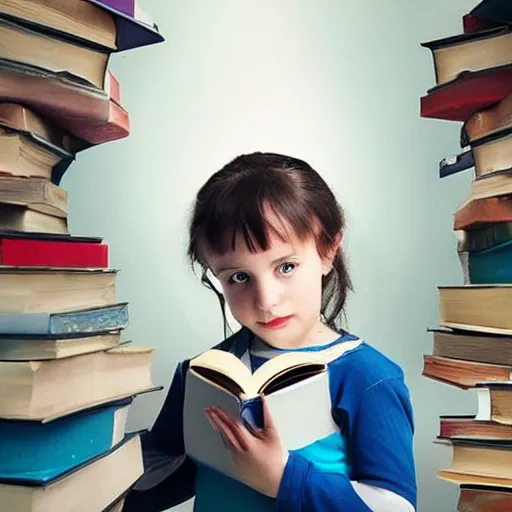 Prompt: A young Matilda using her powers to destroy some bad evil with books around her