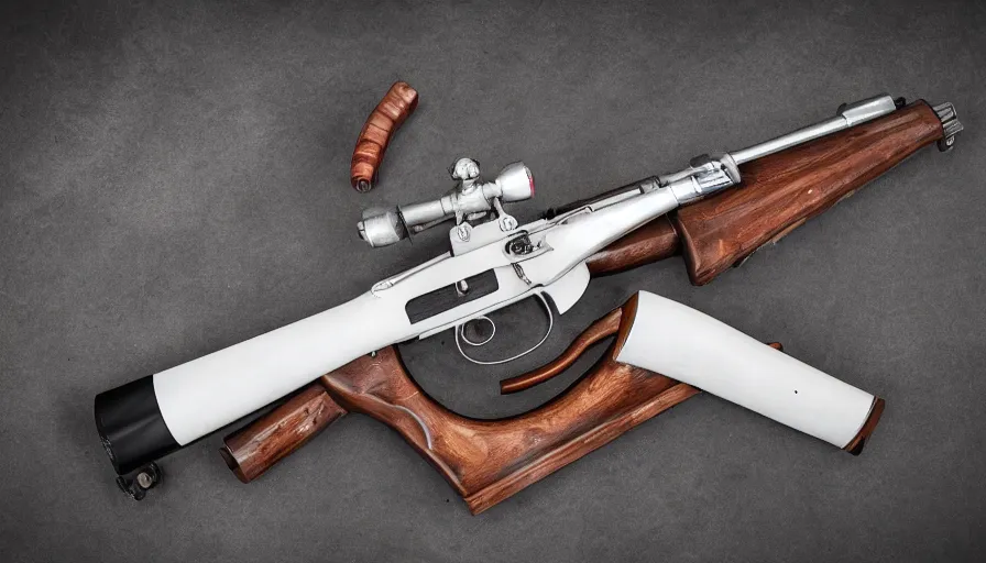 Prompt: Product photo of muzzleloaded flintlock AK47 from the site grabAgun , white background, firearms photography, product photography, professional gunsmithing, top down photo, 4k. high quality