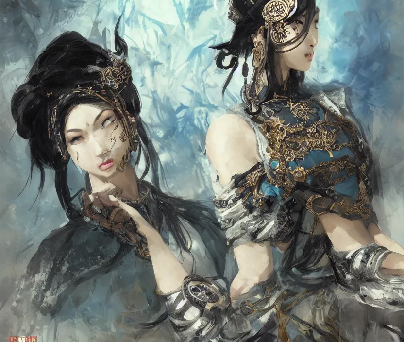 Image similar to ancient chinese princess with steampunk mask, dynasty warriors, elegant, unreal engine, 8 k, blue color scheme, headshot, highly detailed, smooth, ink painting, artstation, concept art, in style of yoji shinkawa, pan ren wei, col price, atey ghailan, by greg rutkowski, aesthetic