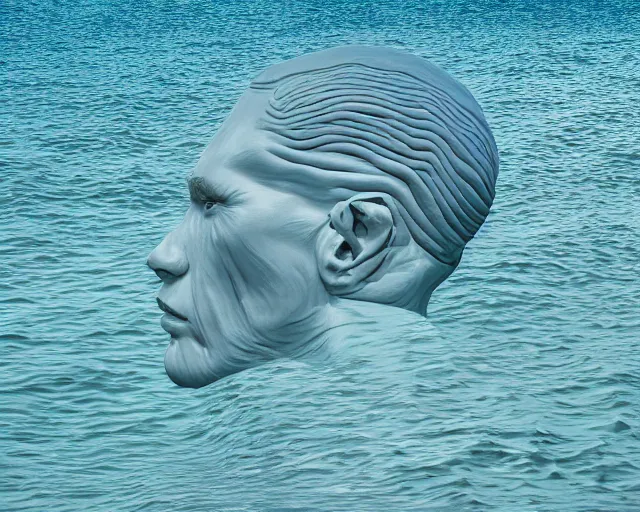 Prompt: a long shot of a giant award winning sculpture of a human head made out of inflatable toys on the surface of the ocean, in the style of chad knight, hyper detailed, hyper realistic, ray tracing, 8 k resolution, sharp focus, realistic water