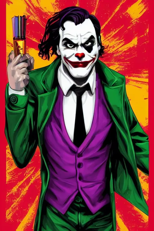 Image similar to joaquin phoenix joker comic book cover issues 2 0, justify content center, delete duplicate object content!, violet polsangi pop art, gta chinatown wars art style, bioshock infinite art style, incrinate, realistic anatomy, hyperrealistic, 2 color, white frame, content balance proportion