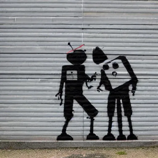 Image similar to robots kissing, street art, by banksy