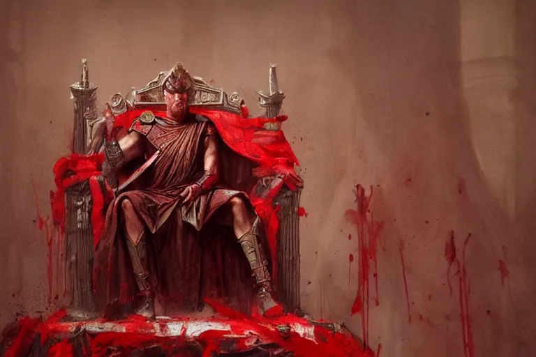 Prompt: the end is near. a tired julius caesar is sitting on his throne. face is highly detailed. splices of red are running down his toga. mist. color scheme red. low angle medium shot. imagined by greg rutkowski and jeremy lipking