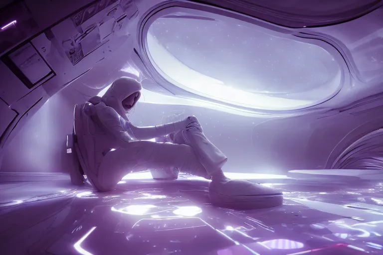 Image similar to 6-handed ethereal angelic creature crawling in a spaceship interior, ultra resolution, portrait photography, cinematic lighting, retrofuturism, centered, 8k, rtx on, sci-fi masters