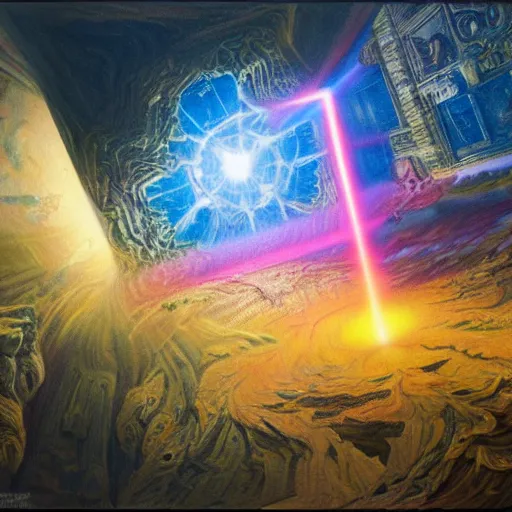 Prompt: laser beam strikes through earth, extremely detailed oil painting, 1 9 2 0's colored pencil, high clarity, highly detailed, abstract, deep aesthetic, 8 k, highly ornate intricate details, cinematic lighting, rich colors, digital artwork, beautiful scenic view, ray tracing, hyperrealistic, photorealistic, cinematic landscape, trending on artstation, concept art,