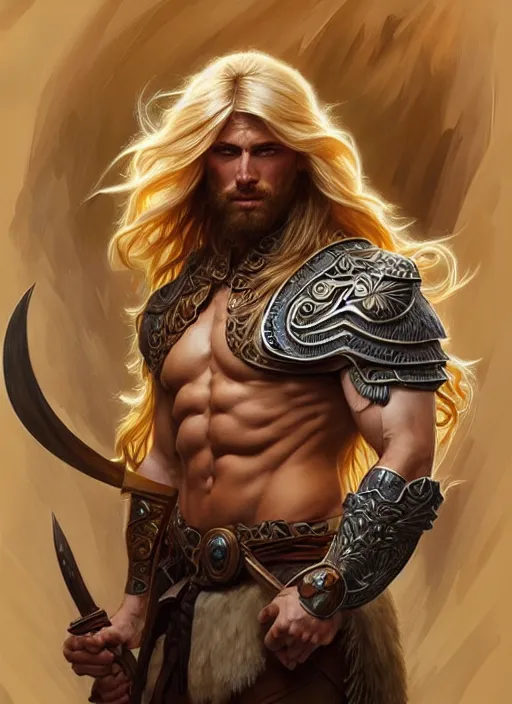 Image similar to symmetry! portrait of barbarian, long blond hair, d & d, muscular! fantasy, intricate, elegant, highly detailed, digital painting, artstation, concept art, smooth, sharp focus, illustration, art by artgerm and greg rutkowski and alphonse mucha