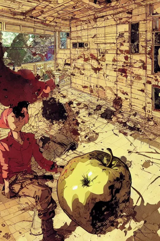 Prompt: A giant apple floating in an abandoned room, anime manga illustration detailed art Geof Darrow and Phil hale and Ilya repin