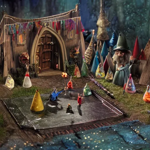 Image similar to claymation of bilbo's birthday party, gandalf, fireworks, frodo, pippin, merry, gritty, tilt shift, award winning, highly textured, very detailed