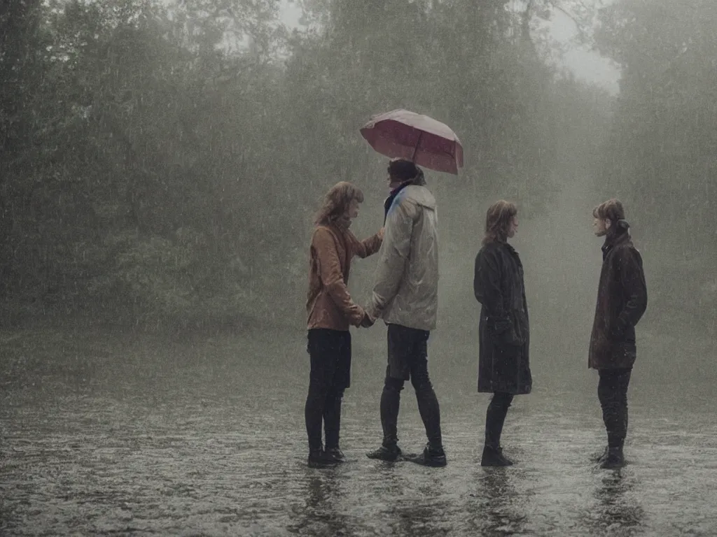 Image similar to A shot from a film directed by Martin de Thurah, shot by Kasper Tuxen, a love story, in the rain, in the future