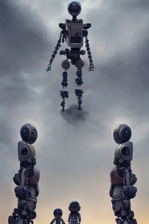 Image similar to Little brother robot and sister robot standing in a front of and looking up to the gigantic robot\'s memorial whose head is almost hidden in the clouds. 4K digital 3D paint. Trending on ArtStation. Concept art. Award-winning.