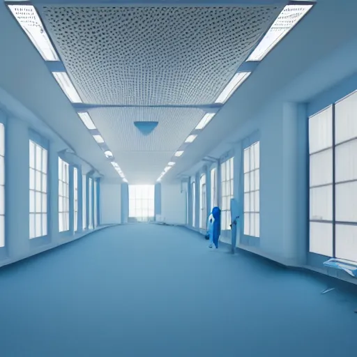 Image similar to long hall in futuristic lab, full of robots, light blue and white