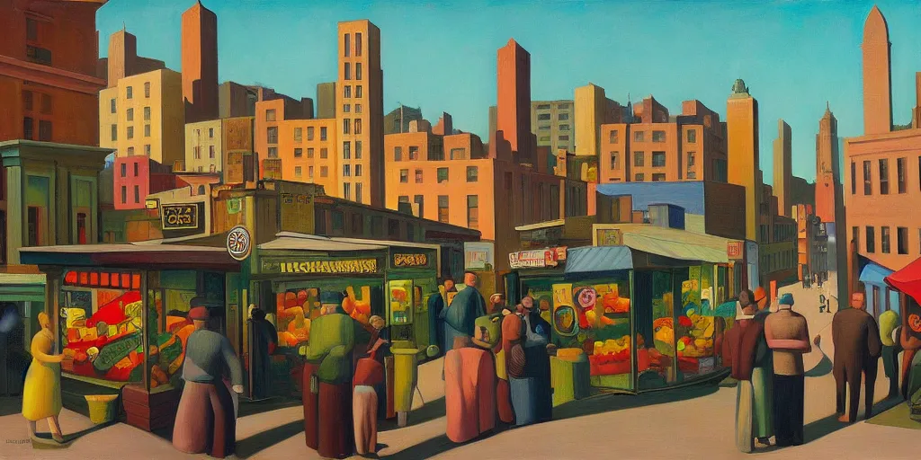 Prompt: toylike town, street elevation, market, grant wood, pj crook, edward hopper, oil on canvas