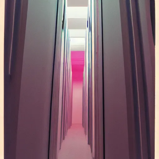 Prompt: noisy color photograph of a retrofuturist liminal space, wonderland, vertical, minimalist, cinematic, soft vintage glow